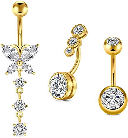 FECTAS 3pcs Barre dell'ombelico Oro 10mm Piercing Ombelico Acciaio Chirurgico Gioielli del Piercing Cuore Farfalla