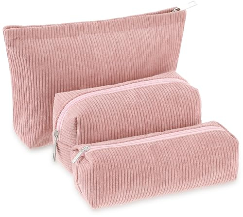 Huhumy 3 Pcs Makeup Bag Set for Women Corduroy Cosmetic Pouch Aesthetic Smile Travel Toiletry Bag Cute Purse Pouch Pencil Case Makeup Brushes Storage Organizer with Zipper(Pink,Solid Style)