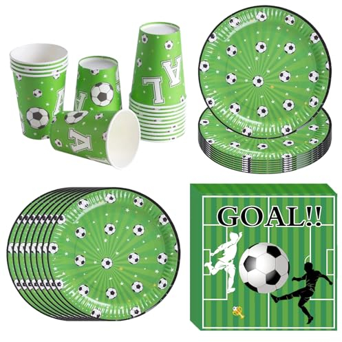 Bikasun Set di stoviglie da calcio, decorazione per feste di calcio, per bambini, 16 piatti di carta, 16 bicchieri di carta, 20 tovaglioli per 16 ospiti, per ragazze e ragazzi