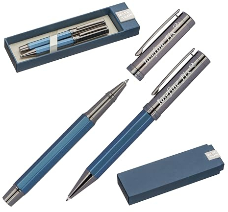 Mark® Twain Schreibset mit Box Kugelschreiber und Rollerball mit Gravur | blau schreibend | mit Wunschgravur | personalisierte Geschenke | Großraummine blau schreibend | aus Metall