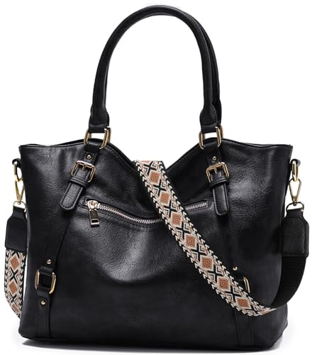 Chase Chic Bolsos de Mujer, Grande Casual Bolso Bandolera Mujer, Moda PU Cuero Mujer Hombro Tote Bag para Viaje Trabajo Diario Compras Escuela Universidad, Negro