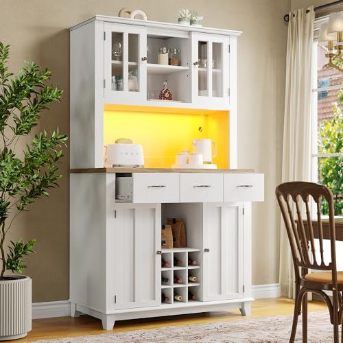 Moimhear Küchenschrank, Hochschrank Küchenbuffet, Vitrinenschrank, Buffetschrank mit Verstellbaren Ablagen, Sideboard mit LED-Beleuchtung, Buffetschrank (Weiß + weiße Schublade)