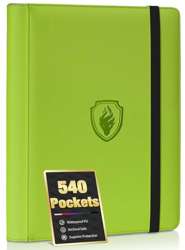 Premium 9 Pocket Card Binder for 540 Cards, Fabmaker PU Cover Trading Card Binder, Sturdy Card Collection Album, Sleek Card Holder Folders for Game Cards & Sports Cards, Green