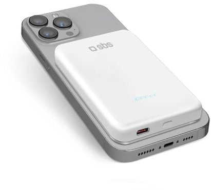 SBS Powerbank Akku-Pack 5000 mAh mit Ständer, kompatibel mit MagSafe, kabelloses Laden, USB-C Power Delivery 20W, Status-LED, universell für iPhone, Samsung, Xiaomi, Oppo, weiß