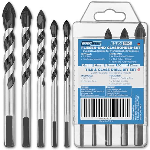 EffektWerk - Juego de brocas para azulejos de 5 piezas - 6/6/8/10/12 mm - Punta de carburo de tungsteno con ranura en U para cerámica, hormigón, vidrio, porcelana y mampostería
