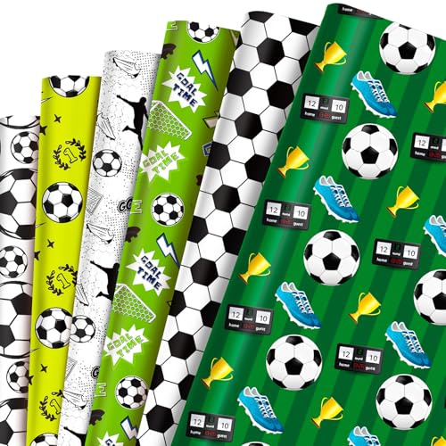 MORAINJAY 12 Hojas de Papel de Regalo Fútbol, Papel de Regalo de Cumpleaños con Tema de Fútbol Chico, Decoraciones para Fiesta de Niños 68cm x 50cm