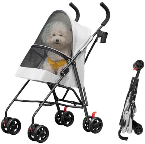 OHMG - Cochecito plegable para mascotas, carrito plegable, impermeable, para perro, gato, portavasos, cesta de almacenamiento incluida, ruedas con freno, tela 600D, Oxford, acero y funda de lluvia