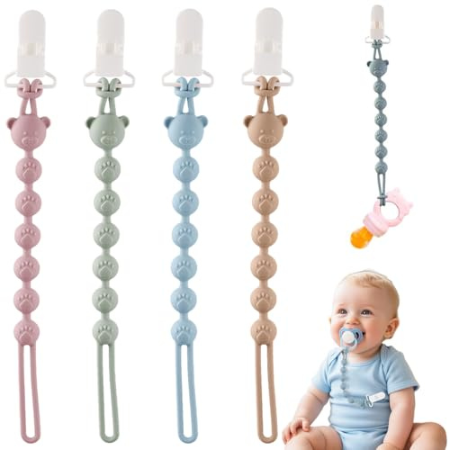 CUVZORA Set di 4 fascette per ciuccio in silicone con clip di sicurezza, silicone alimentare e anti-caduta, adatte per neonati 0-18 mesi, ideali per passeggino, peluche e giocattoli (Mehrfarbig)