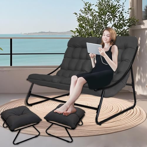 OVLRIJP Sillón de salón para exteriores, sillón doble para exteriores, con cojín de 8 cm extraíble, tumbona de jardín para 2 personas, sillón de relax para jardín, terraza (negro/con 2 taburetes)
