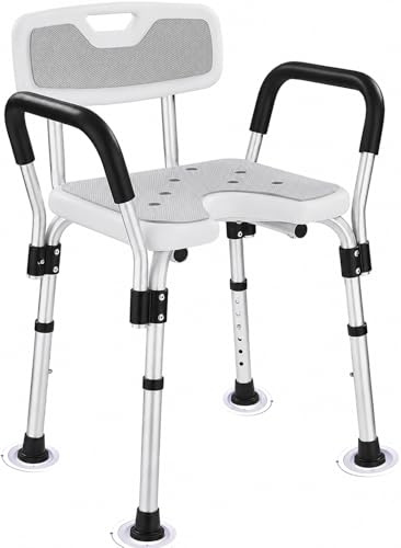 KSITEX Silla de Ducha para Mayores en U Taburete Ajustable de 6 Alturas Reposabrazos, Silla de Bañera de Aluminio con Antideslizante Asiento para Ducha Interior, Antideslizante Seguridad hasta 150kg