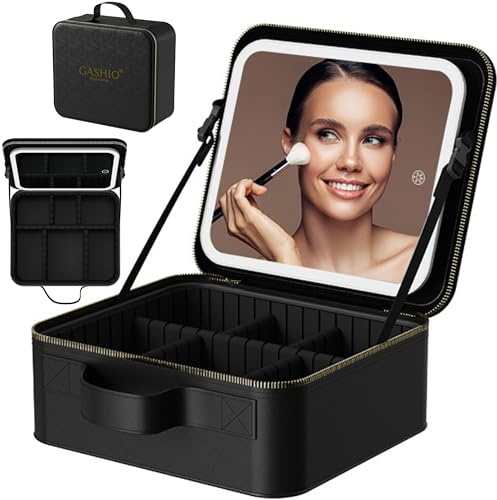 GASHIO Borsa da trucco con specchio a LED (3 colori chiari), borsa cosmetica da viaggio con specchio illuminato, borsa per trucchi portatile con divisori regolabili e portapennelli, ricaricabile