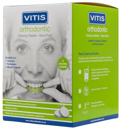 VITIS Orthodontic Retainer Cleaning Tablets 96 Count – Effervescent Dental Appliance Cleaner for Aligners, Braces, Mouthguards & Dentures – Removes Plaque & Freshens