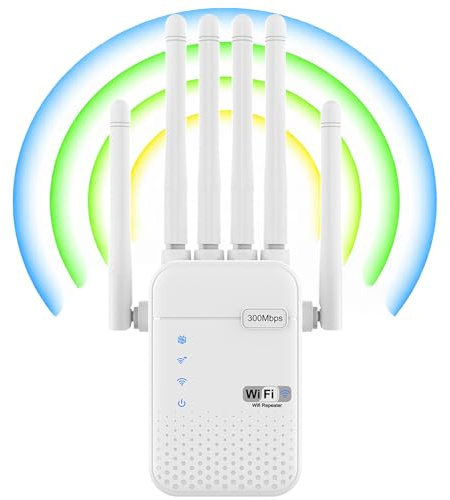 Repetidor WiFi Largo Alcance, Amplificador Señal WiFi, Señal Cobertura hasta 1200 m² para 50 Dispositivos, Extensor de WiFi con 6 Antenas, 2 Puertos Ethernet, Compatible con Todos los Routers