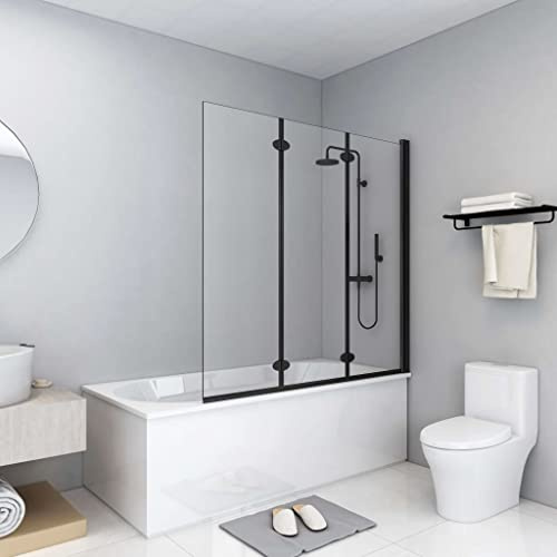 Runheo Cabine de douche pliable avec 3 panneaux en verre de sécurité ESG, 130 x 138 cm, noir, cadre en aluminium, réglable, porte pliante, paroi de douche pour salle de bain, niche et baignoire