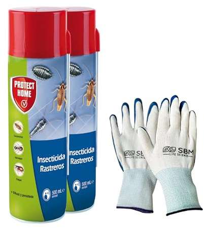 Protect Home Insecticida Blattanex, acción inmediata contra cucarachas, Hormigas e Insectos Rastreros Pack de 2 botes de 500 ml + guantes SBM