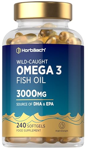 Omega 3 Capsules High Strength Fish Oil | 3000mg | 240 Count | Wild-Caught Fatty Acid Supplement Providing EPA and DHA | By Horbaach
