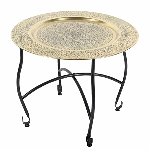 Casa Moro Orientalischer Teetisch Doha D50 Gold rund | marokkanischer Beistelltisch mit Gold-Tablett & klappbarem Gestell in schwarz | Metall Shisha-Tisch Gartentisch | TA8050