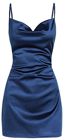 ZAFUL Women's Satin Sleeveless Spaghetti Strap Mini Dress Sexy Slip Cowl Neck Silky Cocktail Party Dresses(Navy Blue-F, L)