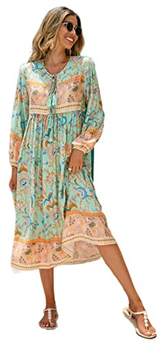 R.Vivimos Elegante Casual Mujer Bohemio Vestido Largo Estampado Corbata Manga Larga Vestido de Midi de Playa Vestido de Vacaciones(S,Aqua)