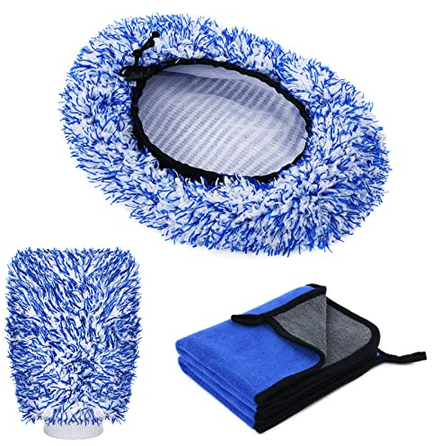 URAQT Car Wash Brush Cover, 4 Pack Microfiber Car Wash Kit, Multifunctional Car Wash Tool with Car Drying Towel and Car Wash Gloves for Cleaning Cars, SUV, Truck, Caravans and Household Cleaning