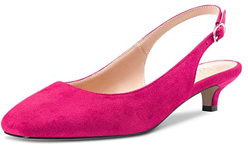 NobleOnly Aiguille Bas Kitten Talon Heel Fermé Bout Slip-on Escarpins Slingback Boucle Dress Sandales 3.5 CM Heels Chaussures Magenta Rouge 42 EU