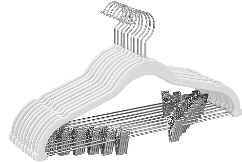 SONGMICS Trouser Hangers, Set of 10 Velvet Hangers with Adjustable Clips, 42.5 cm Long, Non-Slip, Space-Saving, for Skirts, Coats, Dresses, White CRF012W10