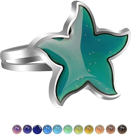 Anillo de estado de ánimo de estrella de mar para mujeres y niñas, chapado en plata, con purpurina, azul, amarillo, verde, cambio de color, lindo animal marino, banda abierta, anillos de dedo