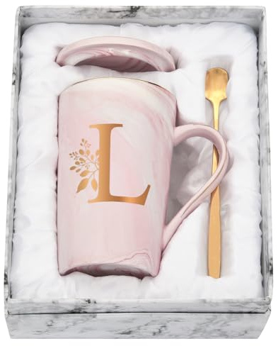Joymaking Taza personalizada con letras, taza de café con motivo floral, nombre inicial, regalos personalizados, taza de café para mujeres y amigas, L - 400 ml Rosa