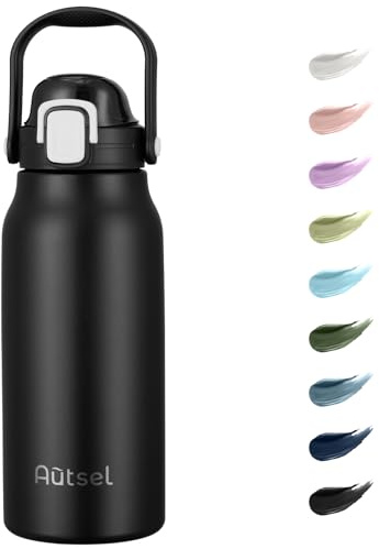 Autsel 1.7L Stainless Steel Water Bottle with Straw - Large Metal Flask with Handle - Double Walled Insulated Sports Bottle - Leakproof for Gym Sports, Black
