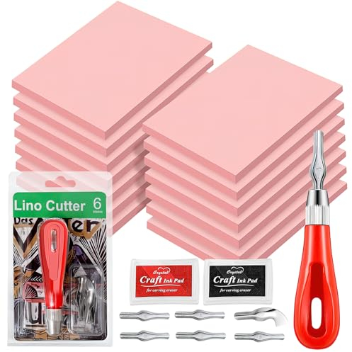 12 Stück Gummi Schnitzblöcke, Gummi Stempelblöcke mit Schneidwerkzeugen, Stempelherstellungs Set Weiche Linoleum Blöcke für DIY Gravuren Druckgrafiken Bastelprojekte (Rosa)