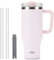 Coffee Cup Travel Mug with Handle, 40oz Tumbler with Lockable Lid, Stainless Steel Vacuum Insulated Water Bottle with Straw, Leakproof & Portable Travel Cup for Hot and Cold Drinks (Light pink)