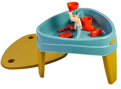 FEBER Casual Play Table, Mesa de Juegos 3 en 1, Mesita Infantil para Jardín Exterior, 3 Compartimentos para Agua, Arena y Dibujos, Accesorios de Juego Incluidos, +2 años, Famosa (FEU14000)