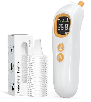 Femometer Family Highly Accurate Ear Thermometer, 1s Fast Reading, Smart Age Grouping Temperature Guidance, 32 Memory Recall, Mute Mode, Digital Thermometer for Kids and Adults - 20 Disposable Probe
