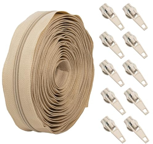 Cadena de cremallera continua de 5 m, color beige, cojines beige, cremalleras de tapicería número 3 y 10 deslizadores para coser