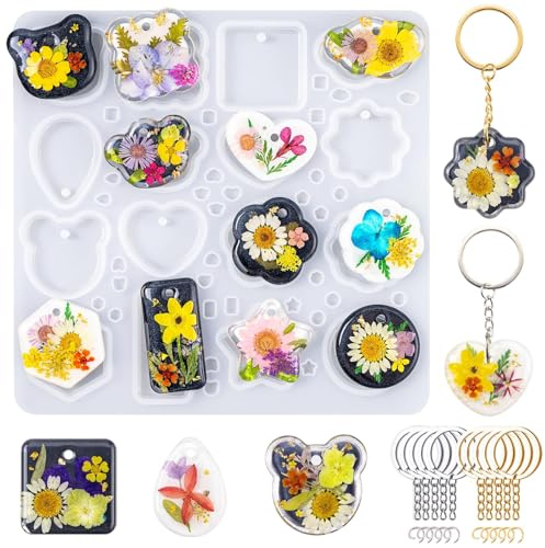 Moldes de Silicona para Resina Epoxi, Conjunto 16 Cavidad formas geométricas Joyería, Incluye Colgantes, Flores Pequeñas, Portachiavi, Moldes Artesanales de Resina UV con Agujeros para Principiantes