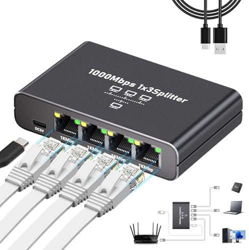 Aufloag Gigabit Ethernet Splitter 1 to 3 - 1000Mbps RJ45 Port Multiplier with USB-C Power, Plug & Play Network Switch for Cat5/5e/6/7/8 Cables, High Speed LAN Switch 1 in 3 Out for PC Laptop AP