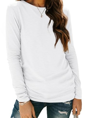 Cuptacc Ladies Tops Tunic Tops for Women UK Crew Neck Long Sleeve Tshirt Plain T-Shirts Basics Cothing Women White M 12-14