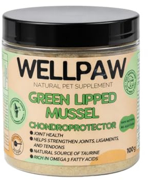 WELLPAW Condroprotector Natural para Perros - Extracto de Mejillón Verde 100g - MSM - Suplemento Articular con Omega 3, GAGs y Glucosamina - Salud de Caderas, Ligamentos y Cartílago