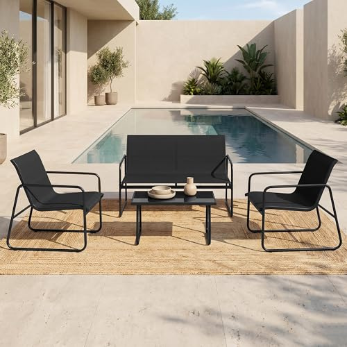 EVRE Luis 4-Piece Outdoor Furniture Set, Black | Patio Conservatory Set, Garden Chairs & Table with Metal Frame & Waterproof Mesh for Patio, Backyards & Poolside.