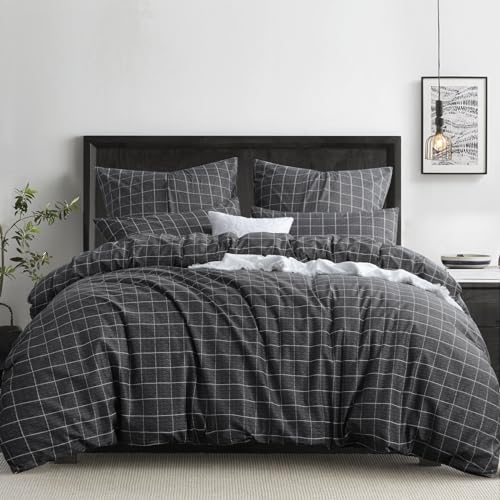 RUIKASI Bettwäsche 200x200 3 teilig Anthrazit - Bettbezug 200 x 200 Set mit Gitter Muster, Bettwäsche-Sets 200x200cm aus Mikrofaser mit Reißverschluss Weich und Bügelfrei