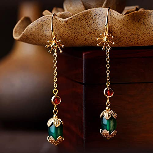 LOKILOKI Nouvelles Boucles d'oreilles Élégantes Pendantes Femmes, Pierres Rouges et Vertes, Bijoux Ethniques en Pierre Naturelle Agate, Métal Alliage de Cuivre, Design Vintage Swing Longues