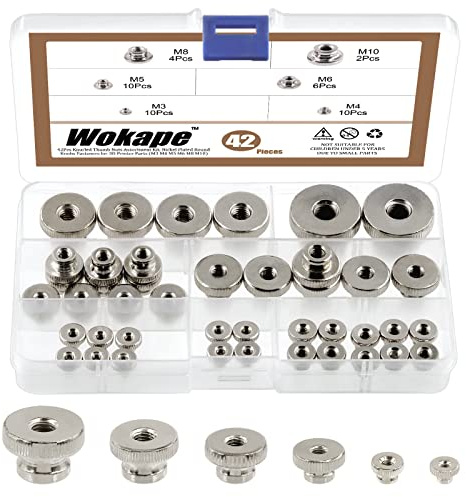 Wokape 42Pcs Knurled Thumb Nuts Assortment Kit, Nickel Plated Iron Knobs Fasteners Round Hand Screw Nuts for 3D Printer Parts (M3 M4 M5 M6 M8 M10)