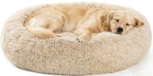 SAVFOX 36 inches Calming Donut Dog Bed - 3X Durable Plush Faux Fur, Machine Washable & Non-Slip, Fits up to 100 lbs, Beige