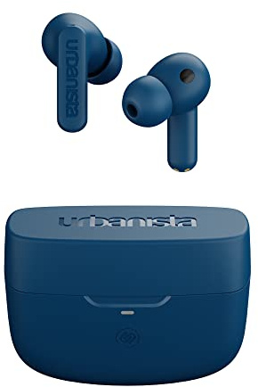 Urbanista Atlanta Hybrid Active Noise Cancelling Wireless Earbuds, Deep Bass Splash Resistant Headphones, Bluetooth Multipoint Earphones, Transparency Mode, Wireless Charging Case, Steel Blue