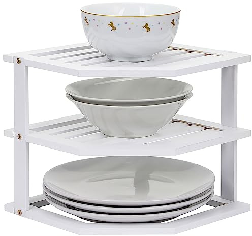 Taylor & Brown Bamboo Cabinet Shelf Organiser - 3 Tier Corner Shelf for Kitchen & Bathroom Countertop Cabinet Organiser Plate Rack Tidy Cupboard Shelf Insert Storage Organisation (White)