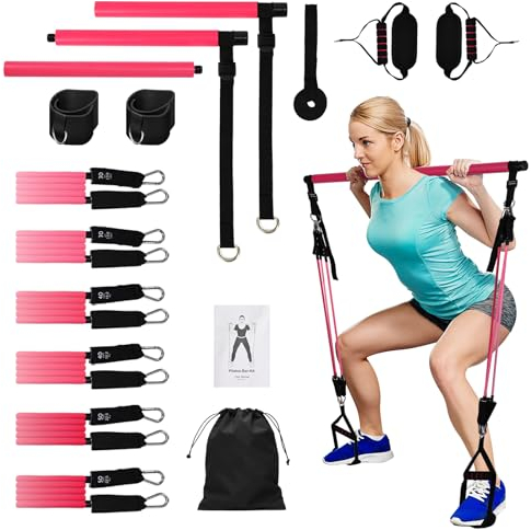 WildFun Pilates Bar Set mit Widerstandsbändern Trainingsgeräte Frauen und Mann, Fitness Workouts Edelstahl Stick Squat Yoga Tragbare Fitnessgeräte für Zuhause, für Yoga, Pilates,Stretch, Formen