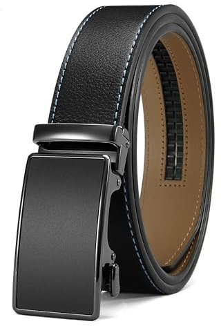 CHAOREN Cinturón automático para hombre, cinturón de piel Buckley, cierre automático para traje de negocios, 35 mm de ancho, cinturón sin agujeros, talla adaptada, Costuras Azul - Negro, Taille