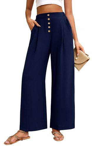 Heekpek Pantalon Large Fluide pour Femmes - Détente Léger d'Été Palazzo à Taille Haute avec Boutons - Causal à Taille Élastiquée