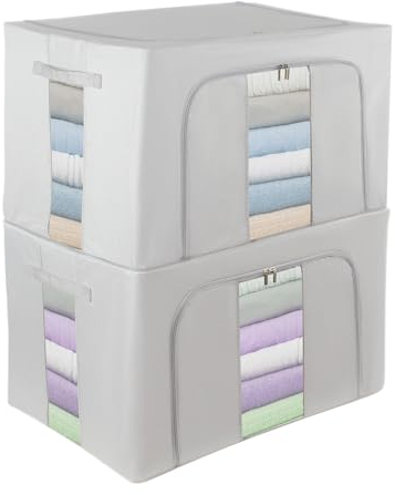 Womanht 2 Pack Closet Organizers and Storage, Foldable Oxford Steel Frame Storage Box with Clear Window & Carry Handles, Stackable Storage Bins Boxes for Clothes & Beddings & Blankets-Light grey 100L