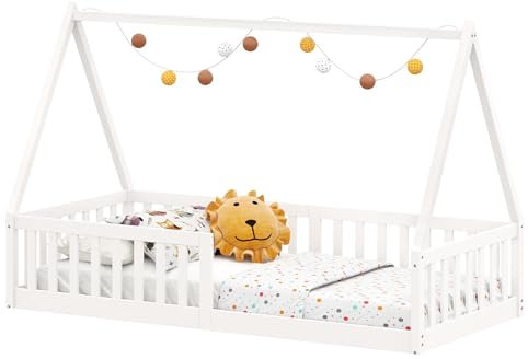 IDIMEX Hausbett Nicolas 90 x 190 cm weiß - bodentiefes Kinderbett inkl. beidseitigem Rausfallschutz, Montessori Bett aus Massivholz